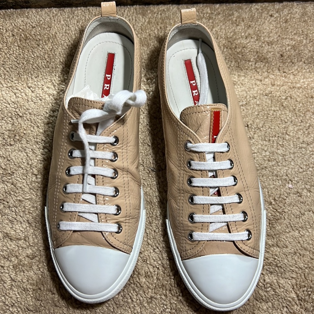 PRADA Sport Patent Leather Nude Cipria Lace Up Sneakers. TV $500 - Picture 6 of 9